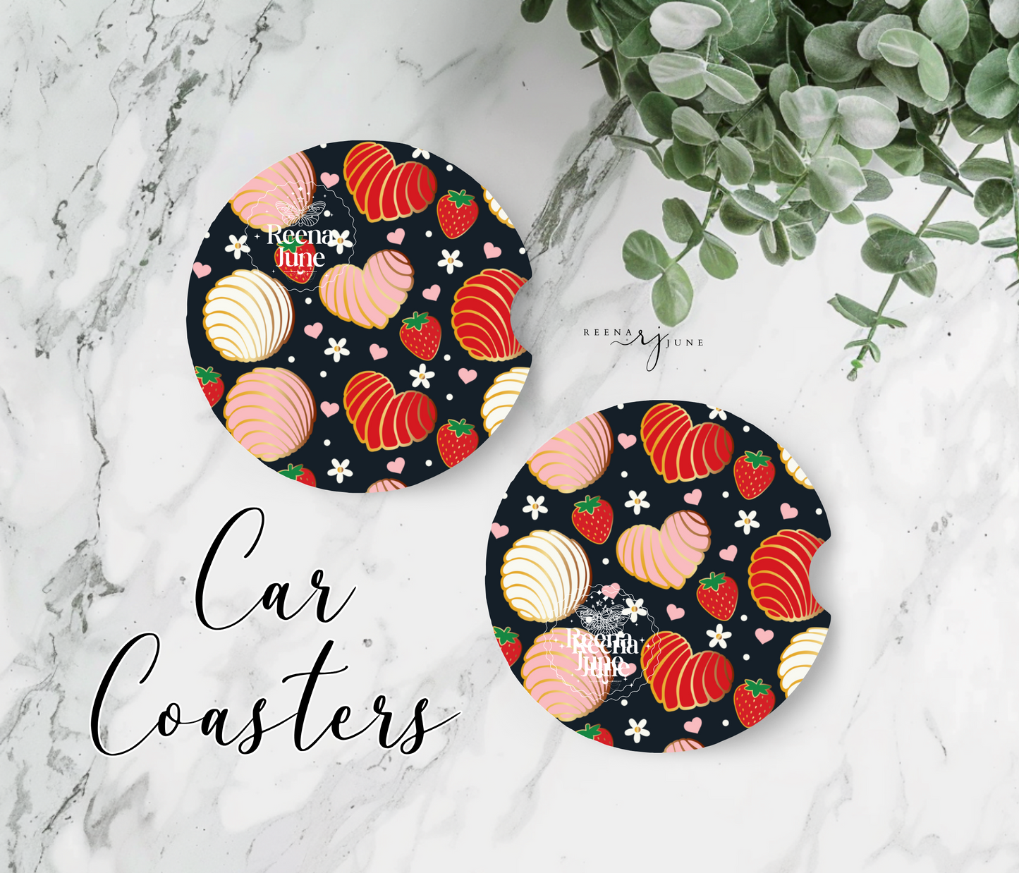 Strawberry and Conchas Car Coasters, Car Decor, Car Accessories, Pan Dulce Accessories
