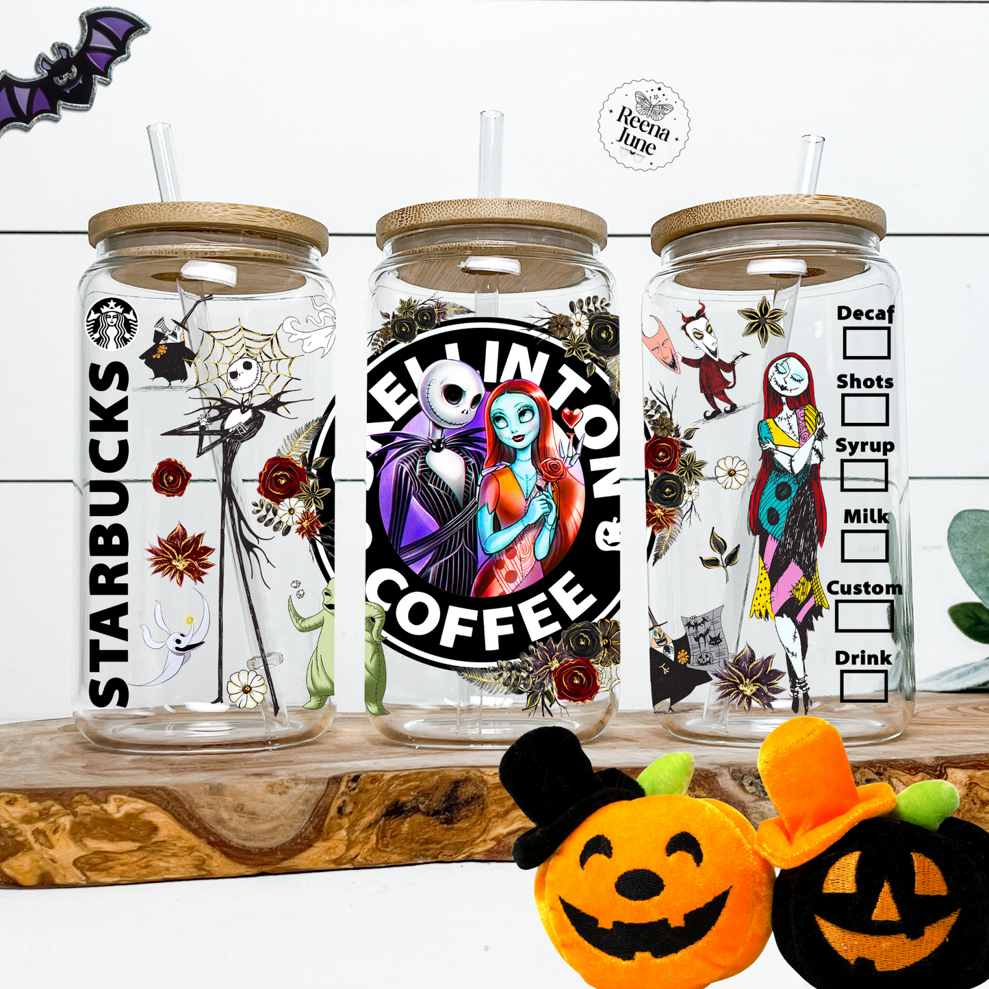 Disney Nightmare Before Christmas Libbey Glass Cup, Jack Skellington Halloween Tumbler with Lid and Straw, Iced Coffee Cup for Spooky Season