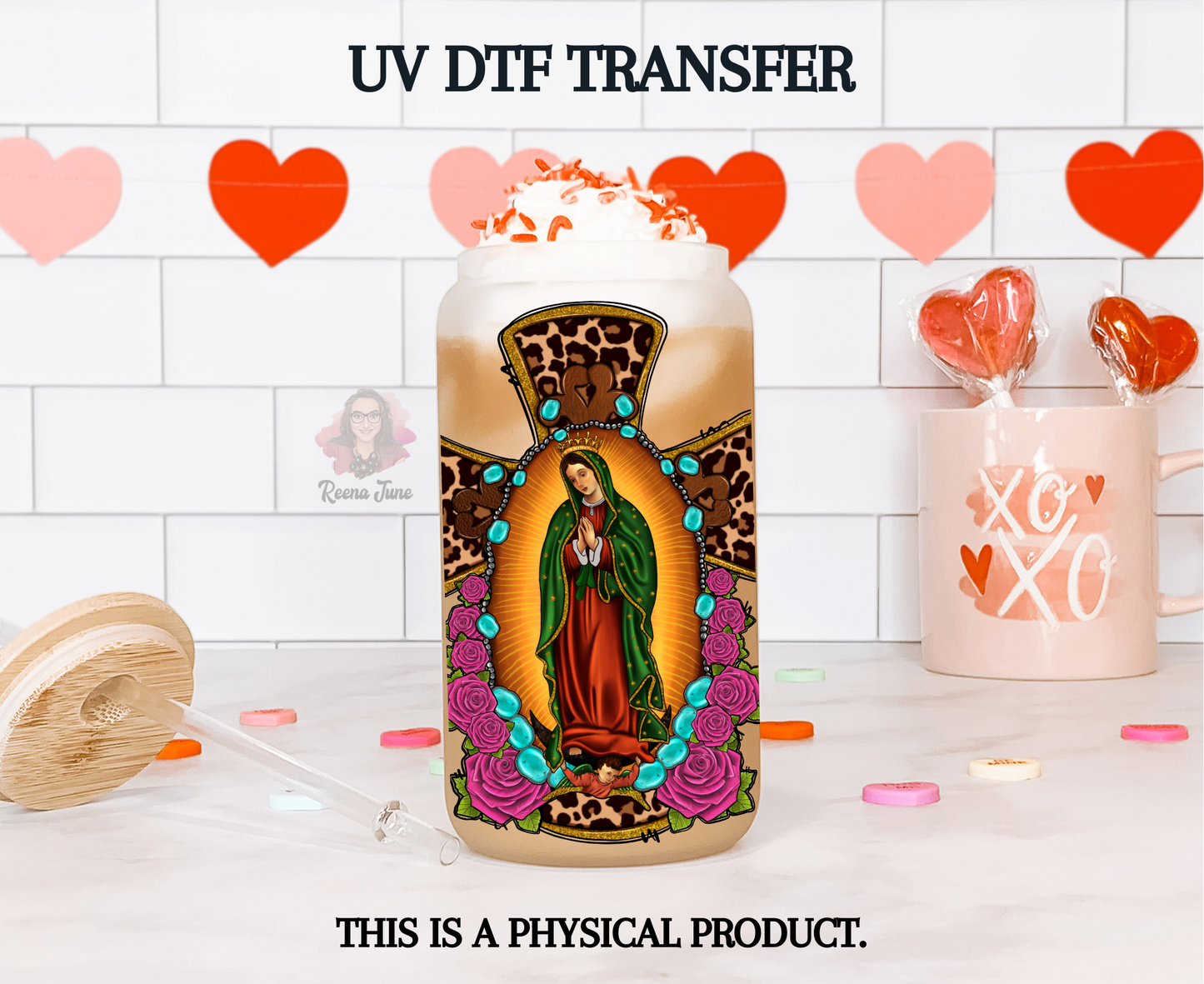 Our Lady of Guadalupe UV DTF Transfer, for 16oz. Glass Can, UV Cup Wrap, Spanish Designs, Virgencita de Guadalupe Sticker, Cup Wrap.