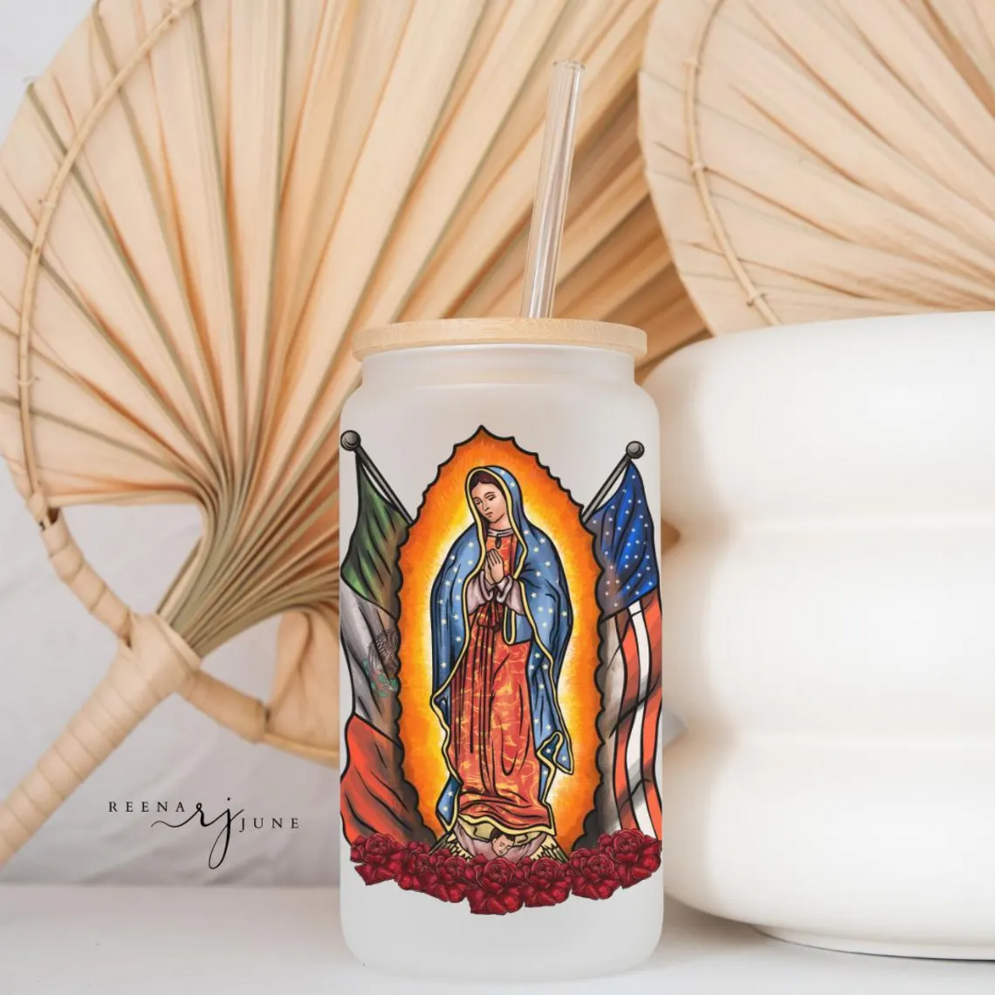 Our Lady of Guadalupe UV DTF Transfer, for 16oz. Glass Can, UV Cup Wrap, Spanish Designs, Virgencita de Guadalupe Sticker, Cup Wrap