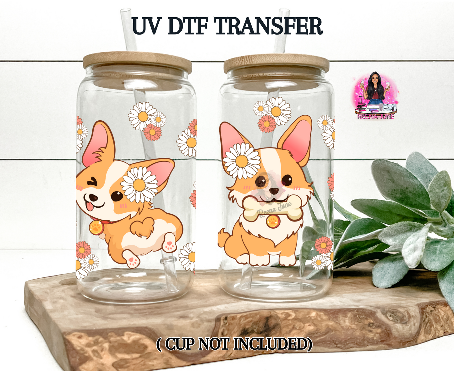 Corgi with Flowers UV DTF Transfer for 16 oz Libbey Glass | Floral Dog Cup Wrap | Waterproof Decal