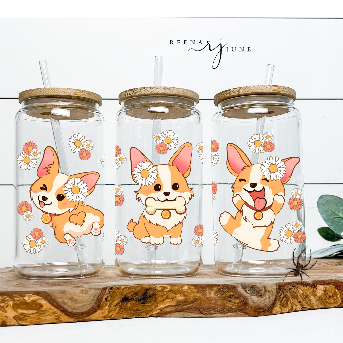 Corgis and Flowers Libbey Glass Can