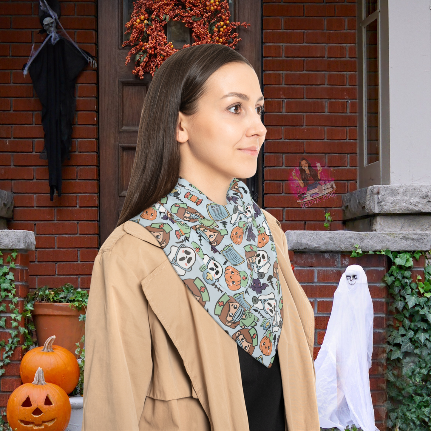 Nurse Scarf, Cozy Wrap for Fall, Halloween Fashion Accessory, Floral Scarf, Gift for Her, Stylish Autumn Scarf