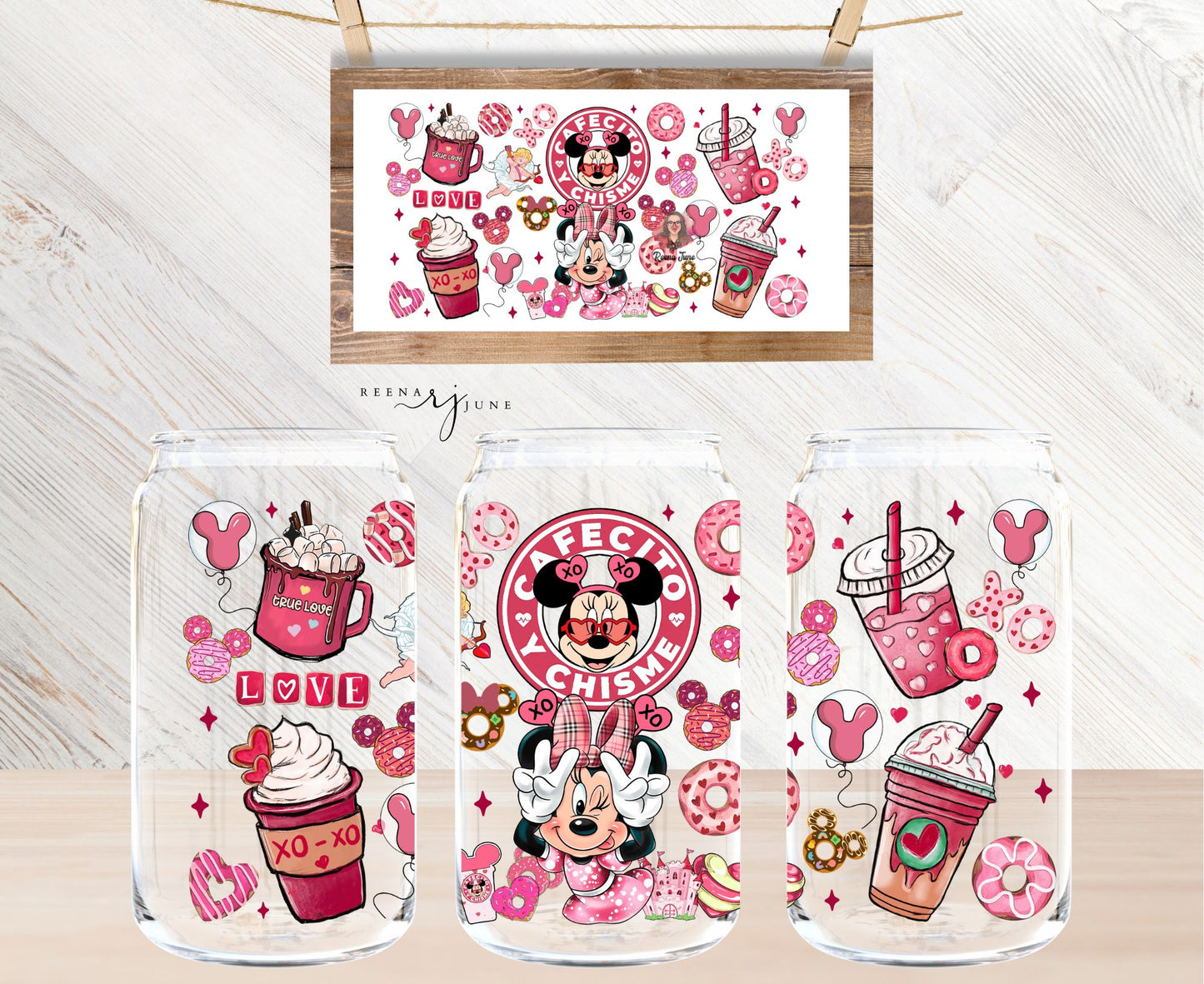 Disney Minnie Cafecito & Chisme16oz Libbey Glass Sublimation Print