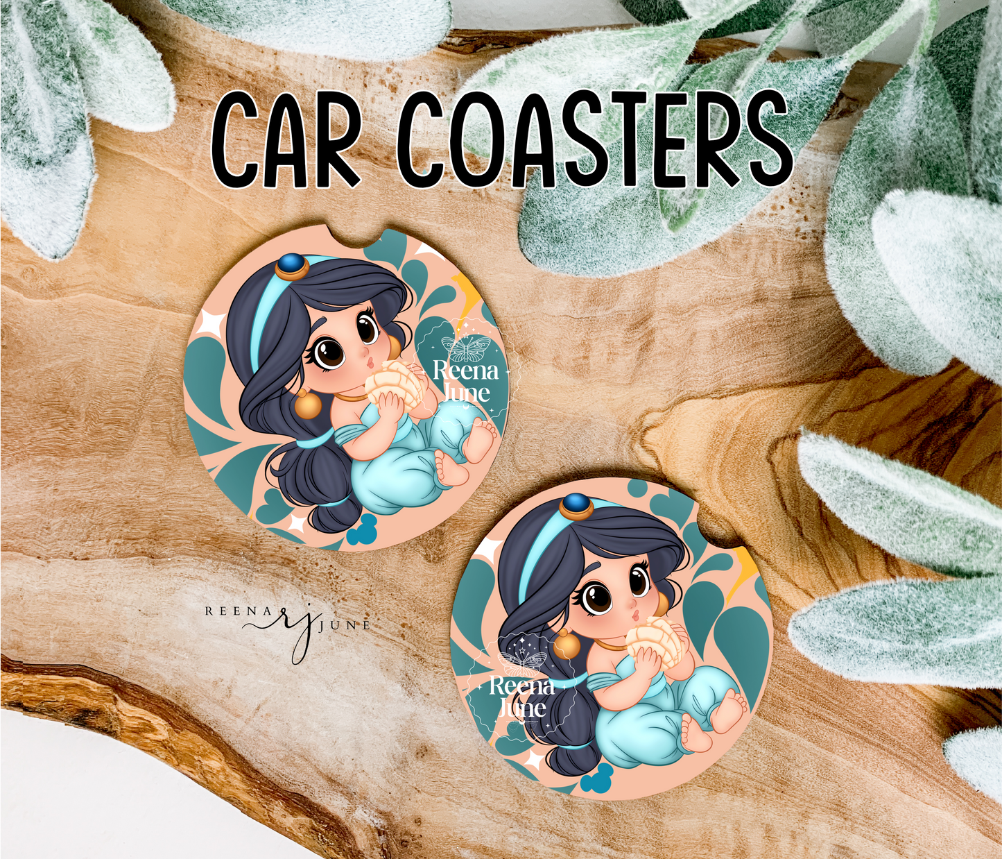 Princess Jasmine Conchas Car Coasters, Car Decor, Car Accessories, Pan Dulce Accessories