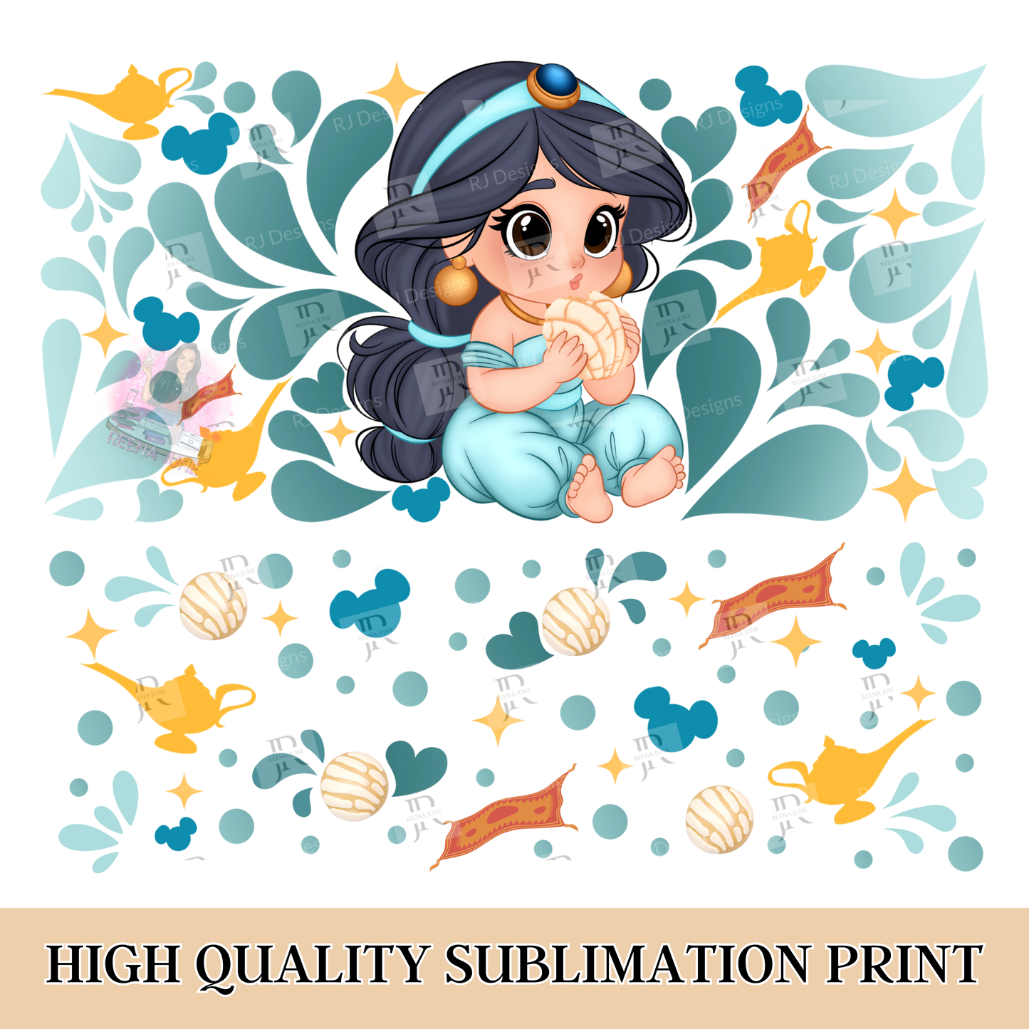 Princess Jasmine & Conchas 40oz Skinny Tumbler Template PNG, Aladdin Party Tumbler Wrap Design PNG, Conchas Tumbler Wrap Digital Download
