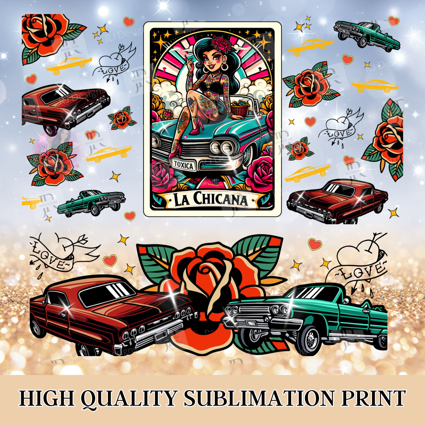Chicana 40oz Tumbler Wrap Digital File, Rose Tattoo Style PNG Design, Lowrider Tumbler Wrap