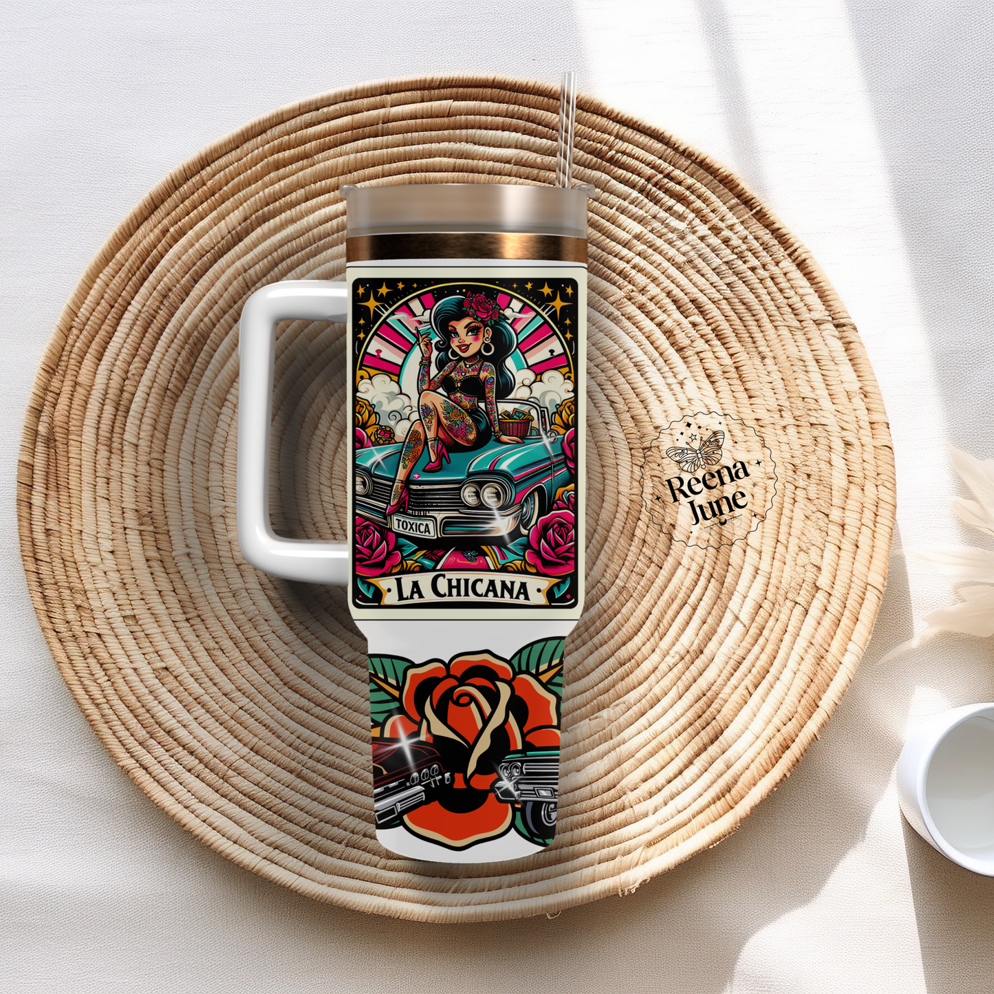 Chicana 40oz Tumbler Wrap Digital File, Rose Tattoo Style PNG Design, Lowrider Tumbler Wrap