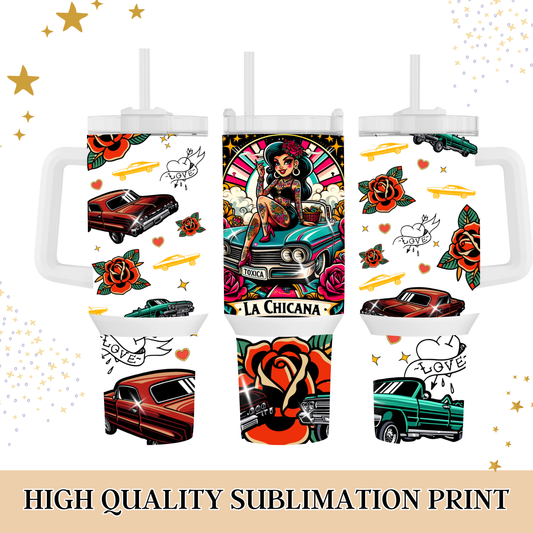 Chicana 40oz Tumbler Wrap Digital File, Rose Tattoo Style PNG Design, Lowrider Tumbler Wrap