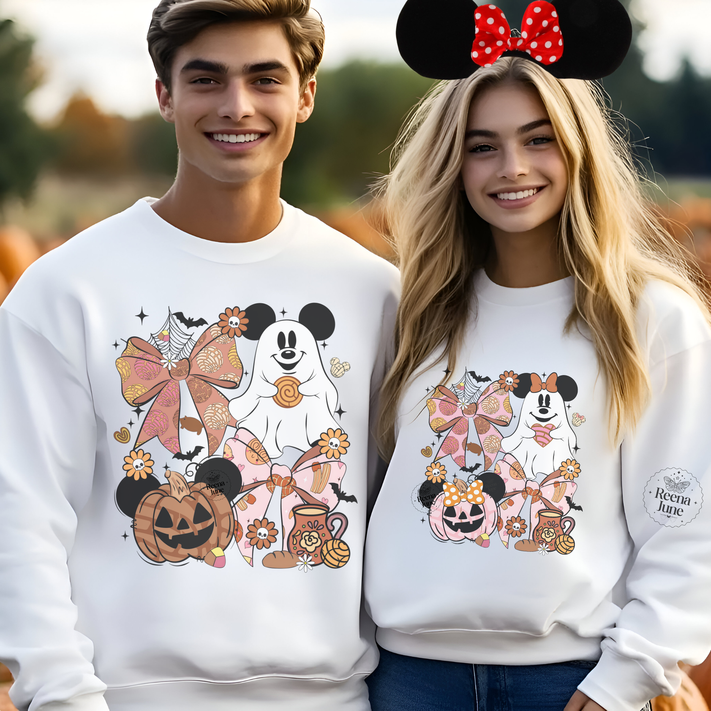 Cute Ghost Mickey & Minnie Design, Fall Couple Outfits, Pumpkin & Candy Theme, Unisex Cozy Pullover, Matching Halloween Sweatshirts