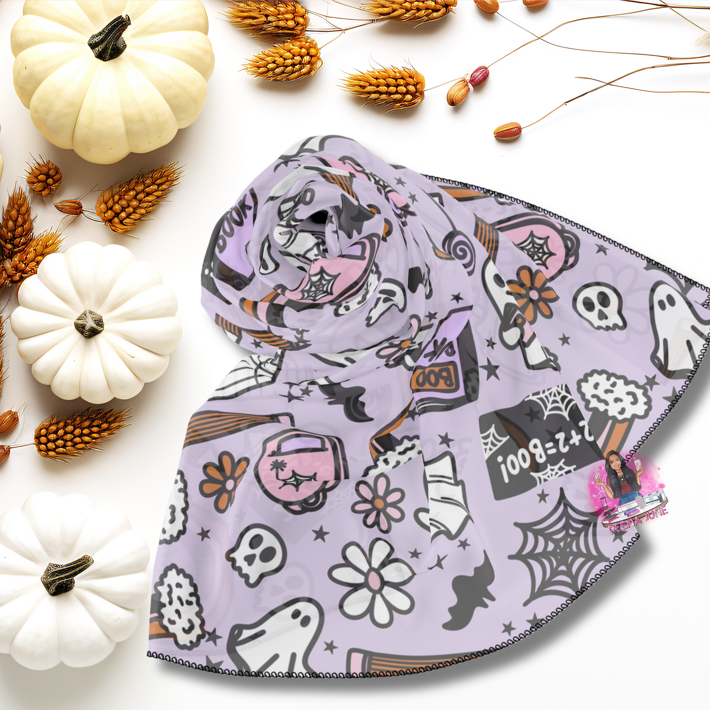 Whimsical Teacher Ghosts Poly Scarf, Stylish Halloween Scarf, Cute Scarf for Fall, Witchy Accessories, Cozy Gift for Her, Teacher Gifts
