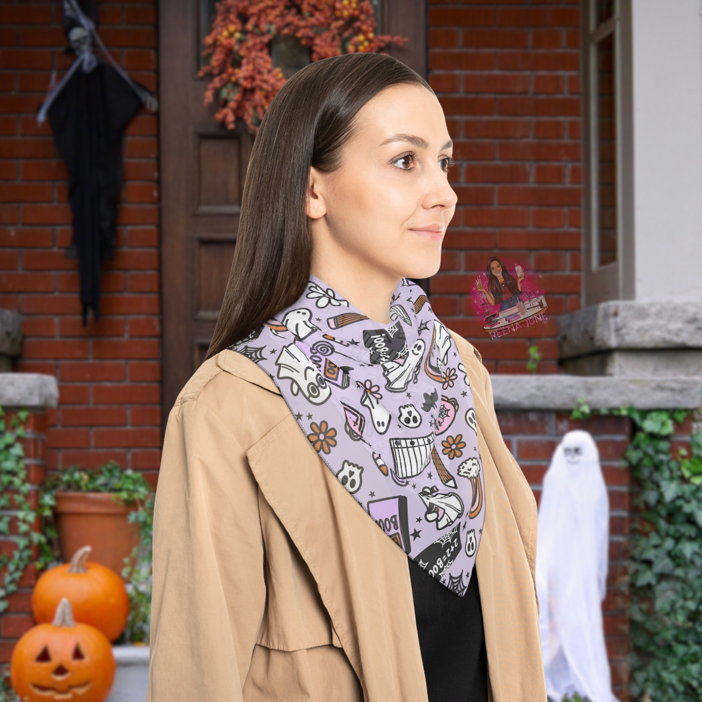 Whimsical Teacher Ghosts Poly Scarf, Stylish Halloween Scarf, Cute Scarf for Fall, Witchy Accessories, Cozy Gift for Her, Teacher Gifts