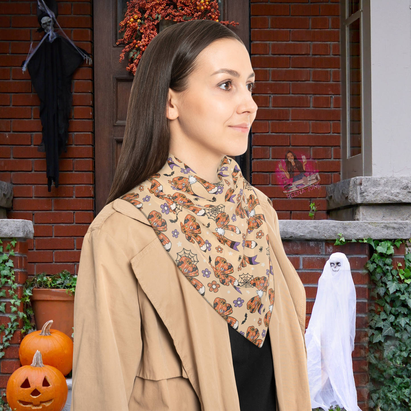 Autumn-Inspired Poly Scarf, Cozy Wrap for Fall, Halloween Fashion Accessory, Floral Scarf, Gift for Her, Stylish Autumn Scarf