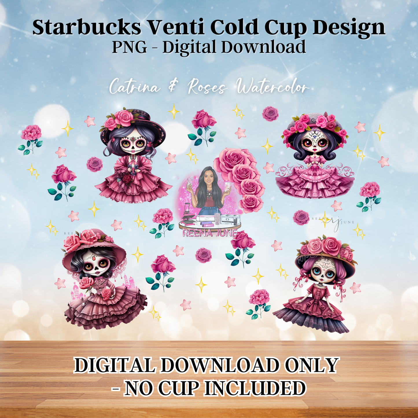 24oz Starbucks Style Venti Cup PNG | Pink Catrinas & Roses Sublimation & DTF Printable | Commercial Use
