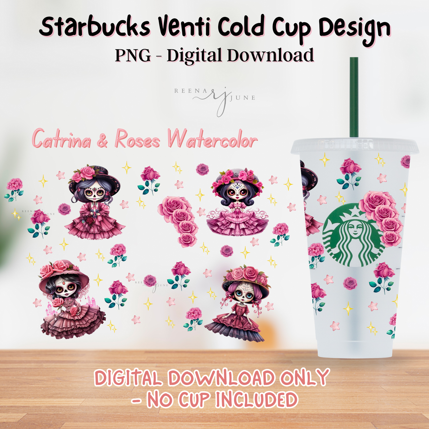 24oz Starbucks Style Venti Cup PNG | Pink Catrinas & Roses Sublimation & DTF Printable | Commercial Use