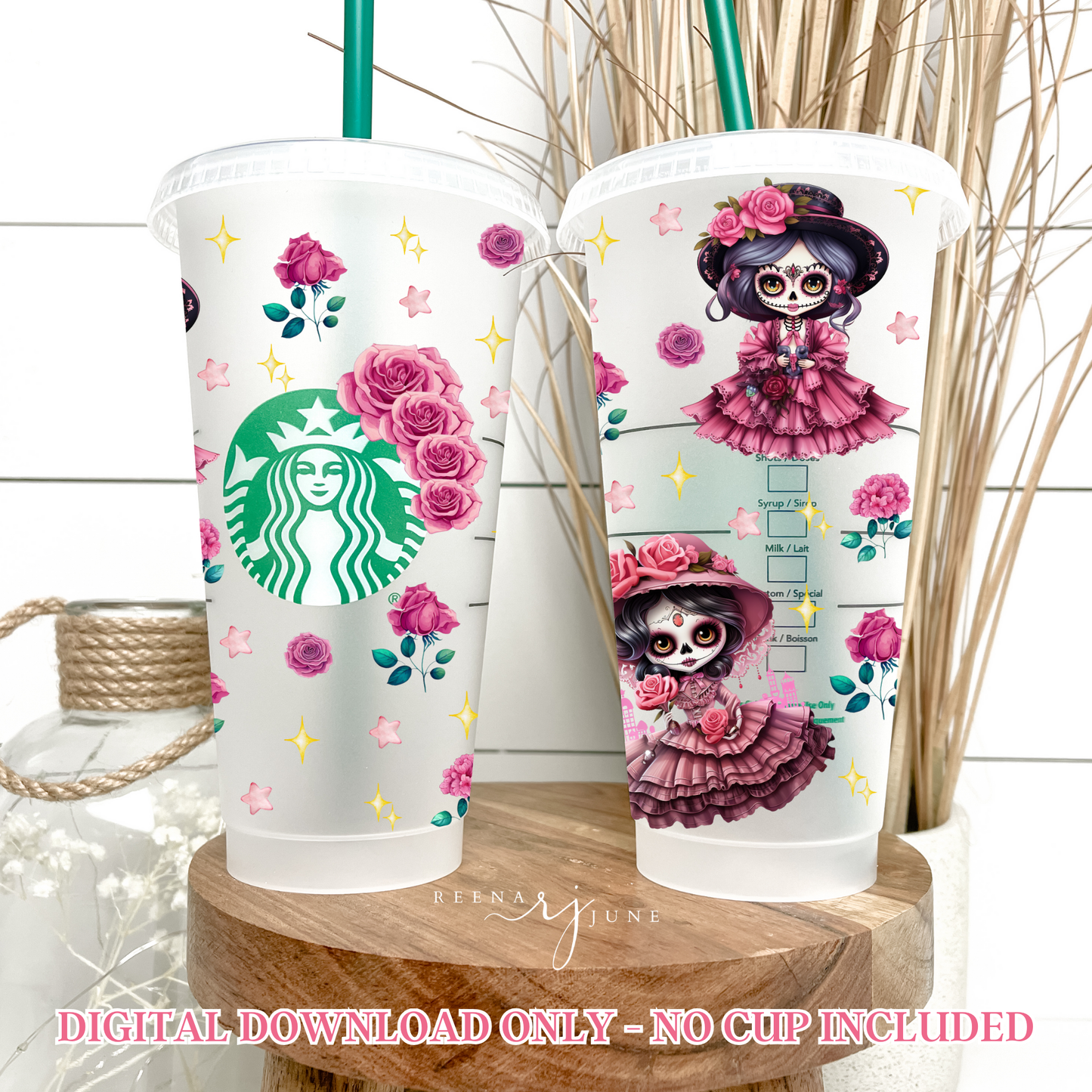 24oz Starbucks Style Venti Cup PNG | Pink Catrinas & Roses Sublimation & DTF Printable | Commercial Use