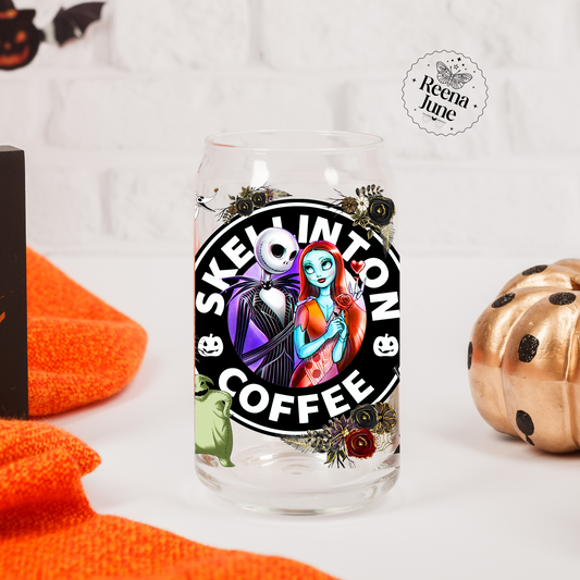 Disney Nightmare Before Christmas Libbey Glass Cup, Jack Skellington Halloween Tumbler with Lid and Straw, Iced Coffee Cup for Spooky Season