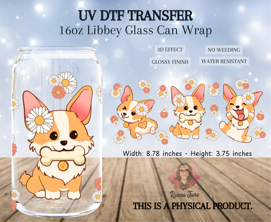 Corgi with Flowers UV DTF Transfer for 16 oz Libbey Glass | Floral Dog Cup Wrap | Waterproof Decal