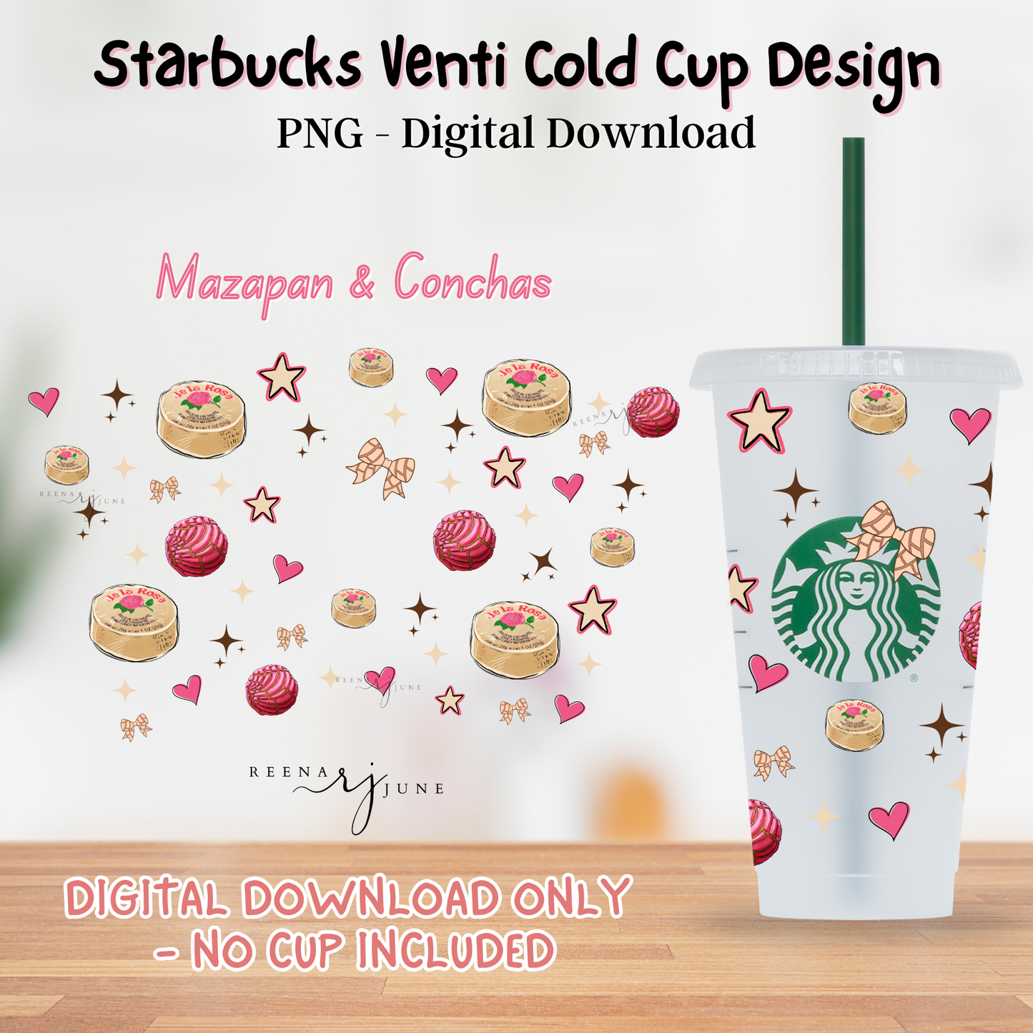 24oz Starbucks Style Venti Cup PNG, Conchas & Mazapán Sublimation & UV DTF Printable, Commercial Use Digital Download
