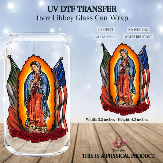 Lady of Guadalupe Mexican American Flag - Virgencita de Guadalupe UV DTF Transfer
