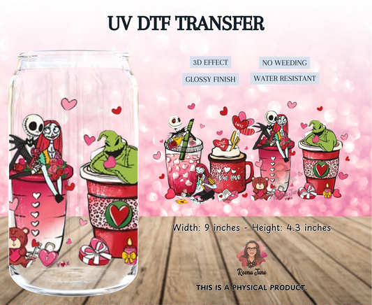 Nightmare Before Christmas Valentine's Day Cup Wrap - UV DTF Transfer for Cups - 16 oz Libbey Glass Decal