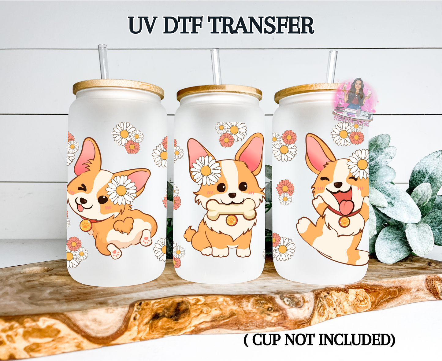 Corgi with Flowers UV DTF Transfer for 16 oz Libbey Glass | Floral Dog Cup Wrap | Waterproof Decal
