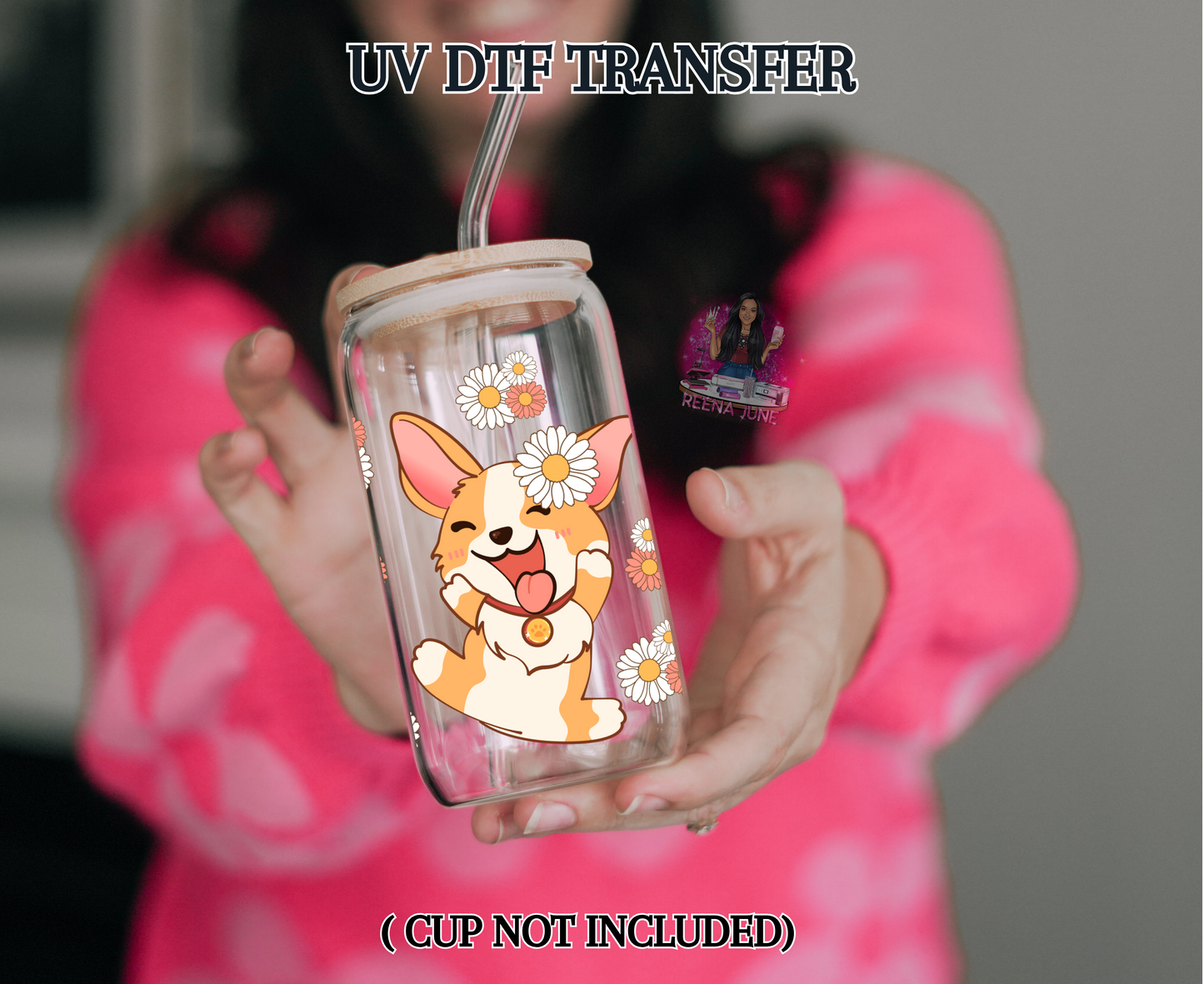 Corgi with Flowers UV DTF Transfer for 16 oz Libbey Glass | Floral Dog Cup Wrap | Waterproof Decal