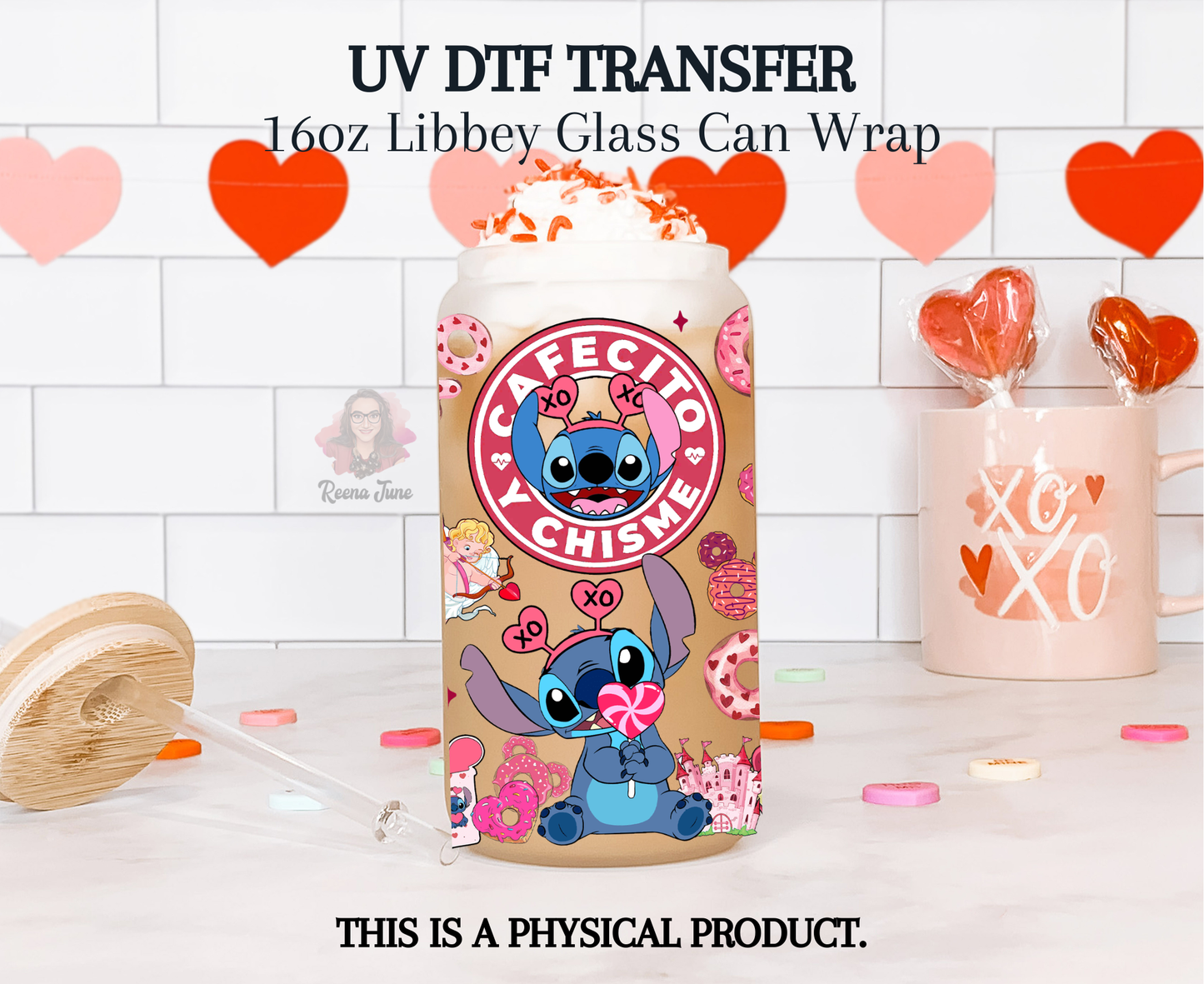Stitch Cafecito y Chisme UV DTF Transfer - Funny Coffee Gossip Cup Wrap - Cup & Tumbler Sticker - Ready to Press Tumbler Decal