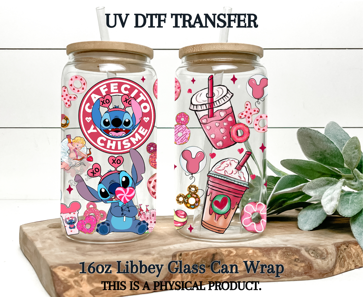 Stitch Cafecito y Chisme UV DTF Transfer - Funny Coffee Gossip Cup Wrap - Cup & Tumbler Sticker - Ready to Press Tumbler Decal