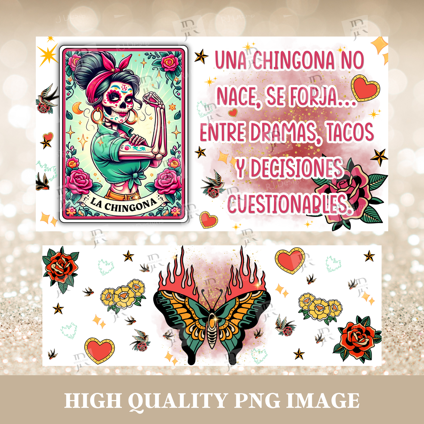 Chingona Catrina 40oz Tumbler Wrap Digital Download, Mexican Catrina Cup Wrap, Dia de Muertos Digital File, Mexican Png Image