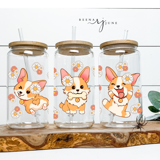 Corgis and Flowers Libbey Glass Can