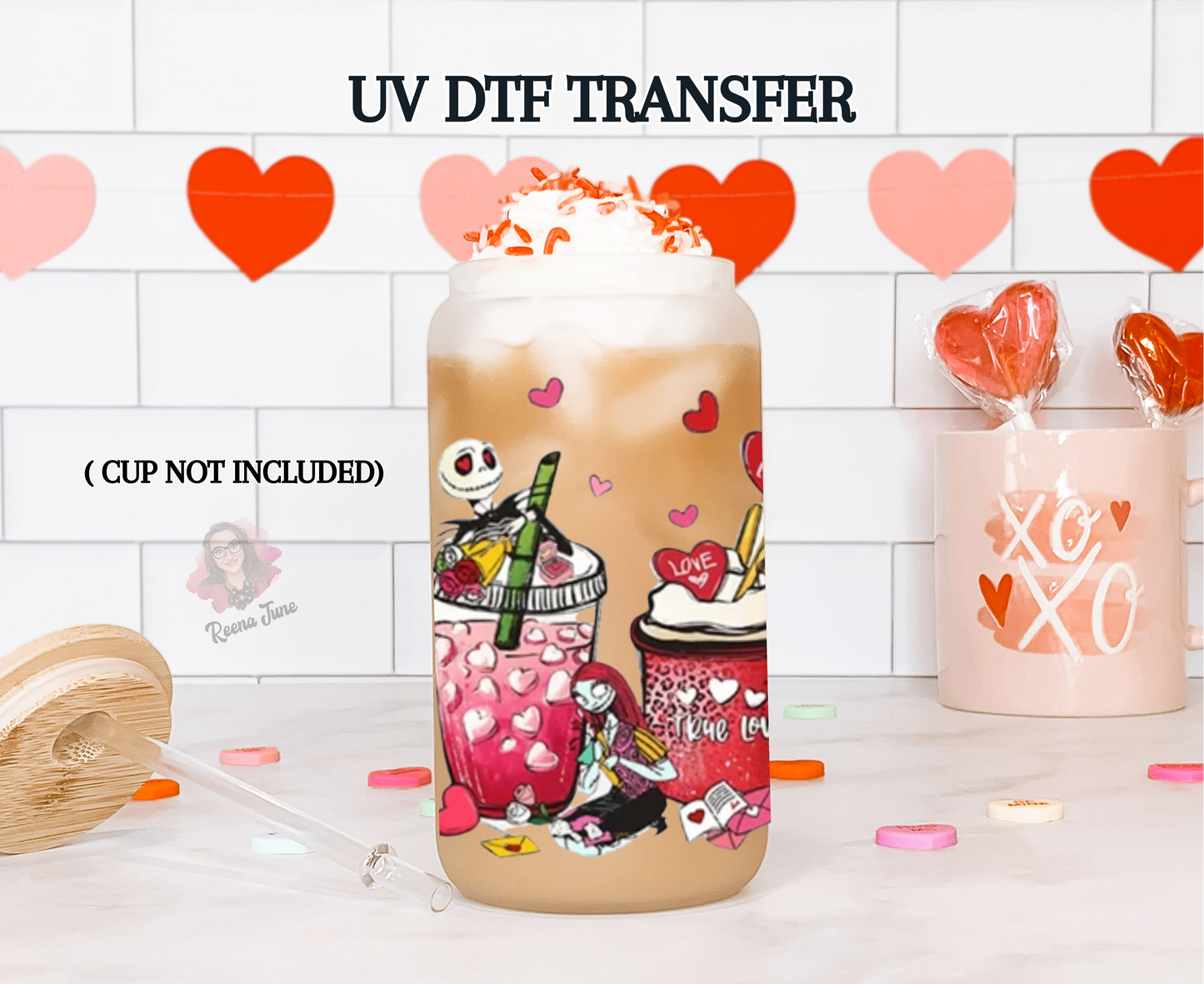 Nightmare Before Christmas Valentine's Day Cup Wrap - UV DTF Transfer for Cups - 16 oz Libbey Glass Decal
