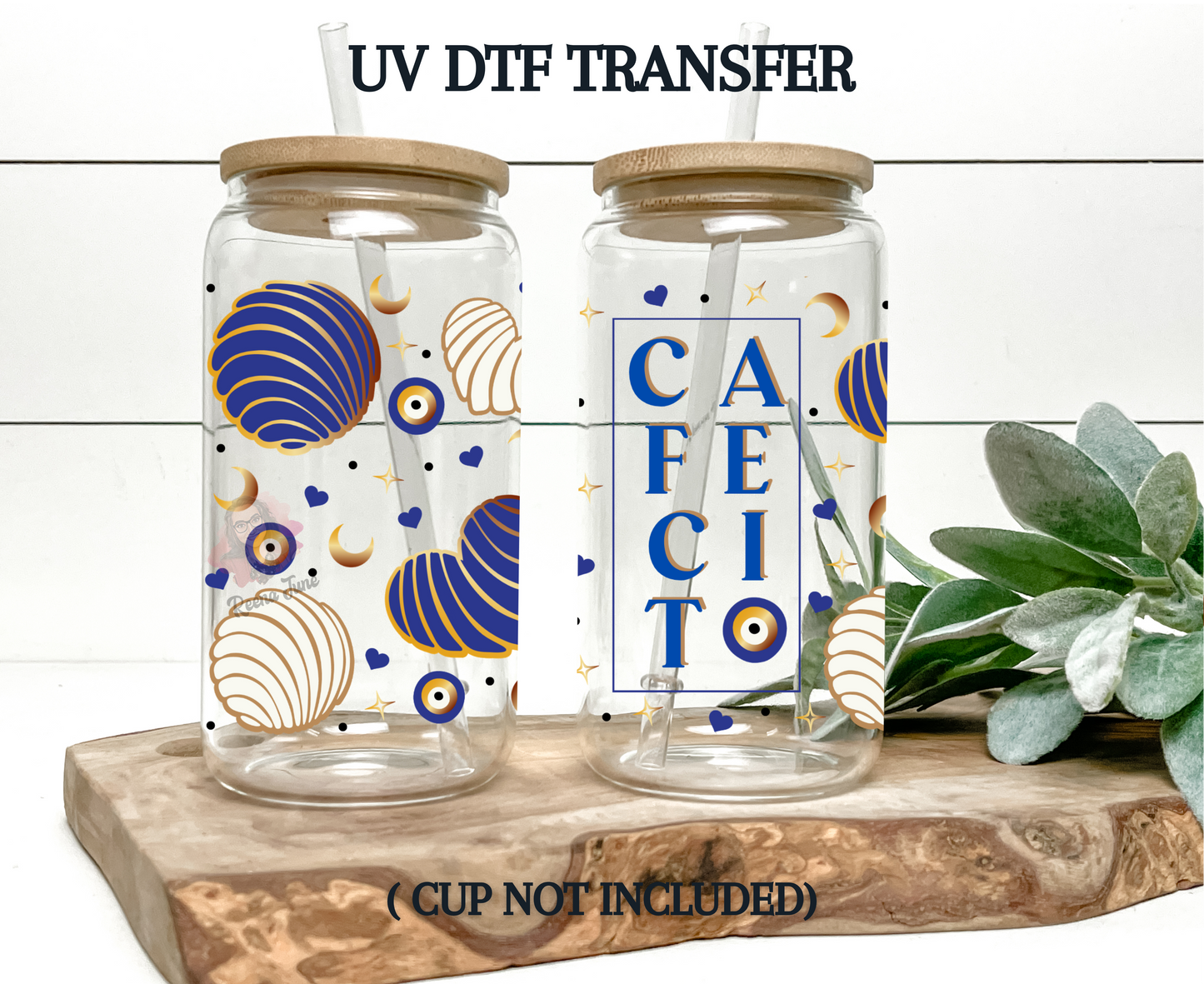 Evil Eye, Conchas & Cafecito UV DTF Transfer | Boho Coffee Cup Decal | 16 oz Libbey Glass Wrap