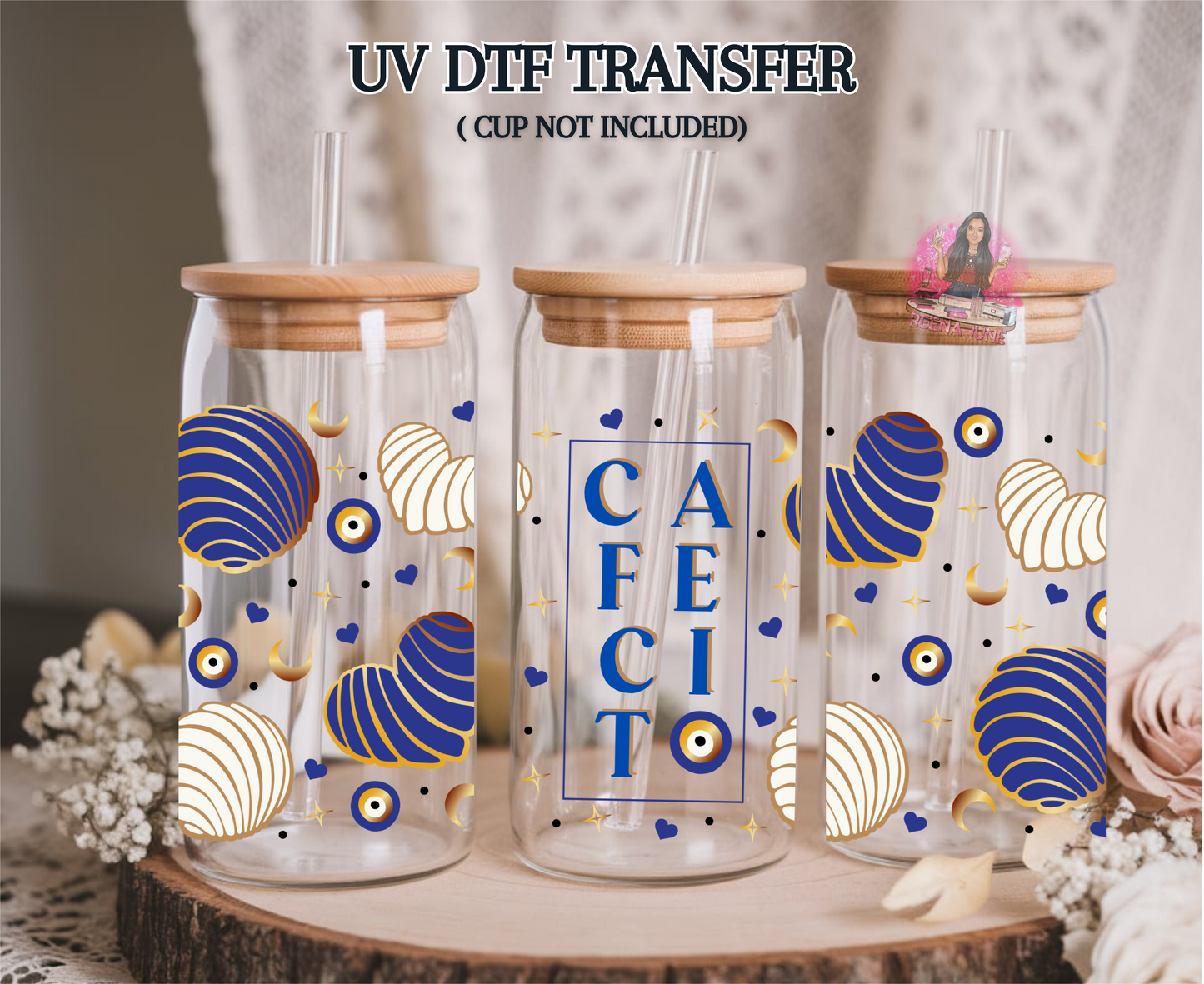 Evil Eye, Conchas & Cafecito UV DTF Transfer | Boho Coffee Cup Decal | 16 oz Libbey Glass Wrap