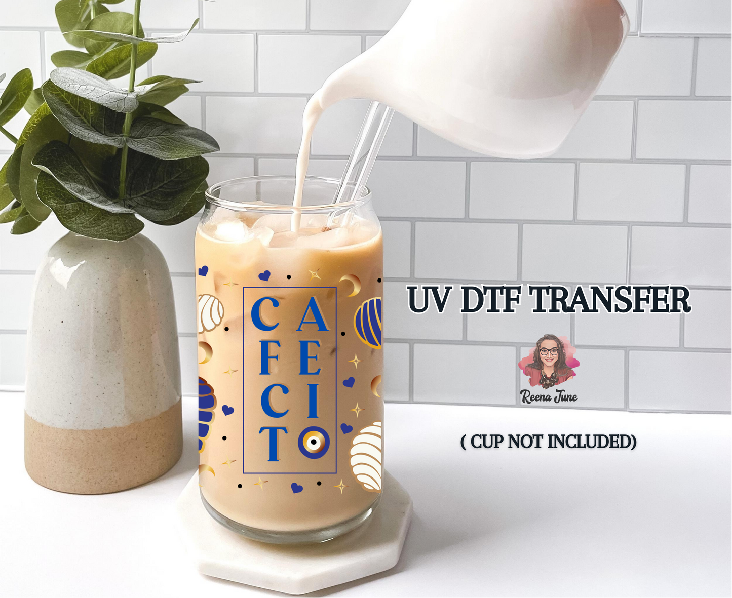 Evil Eye, Conchas & Cafecito UV DTF Transfer | Boho Coffee Cup Decal | 16 oz Libbey Glass Wrap