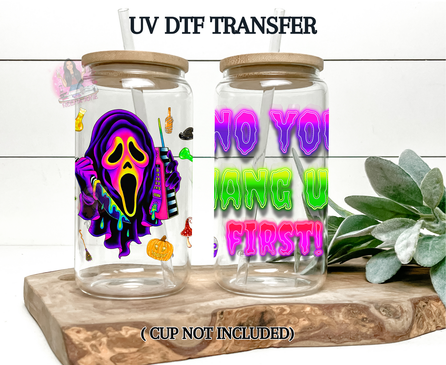 "No, You Hang Up First" UV DTF Transfer - Funny Ghost Cup Decal - Waterproof Sticker for Tumblers & Glass Cups - Halloween Cup Wrap