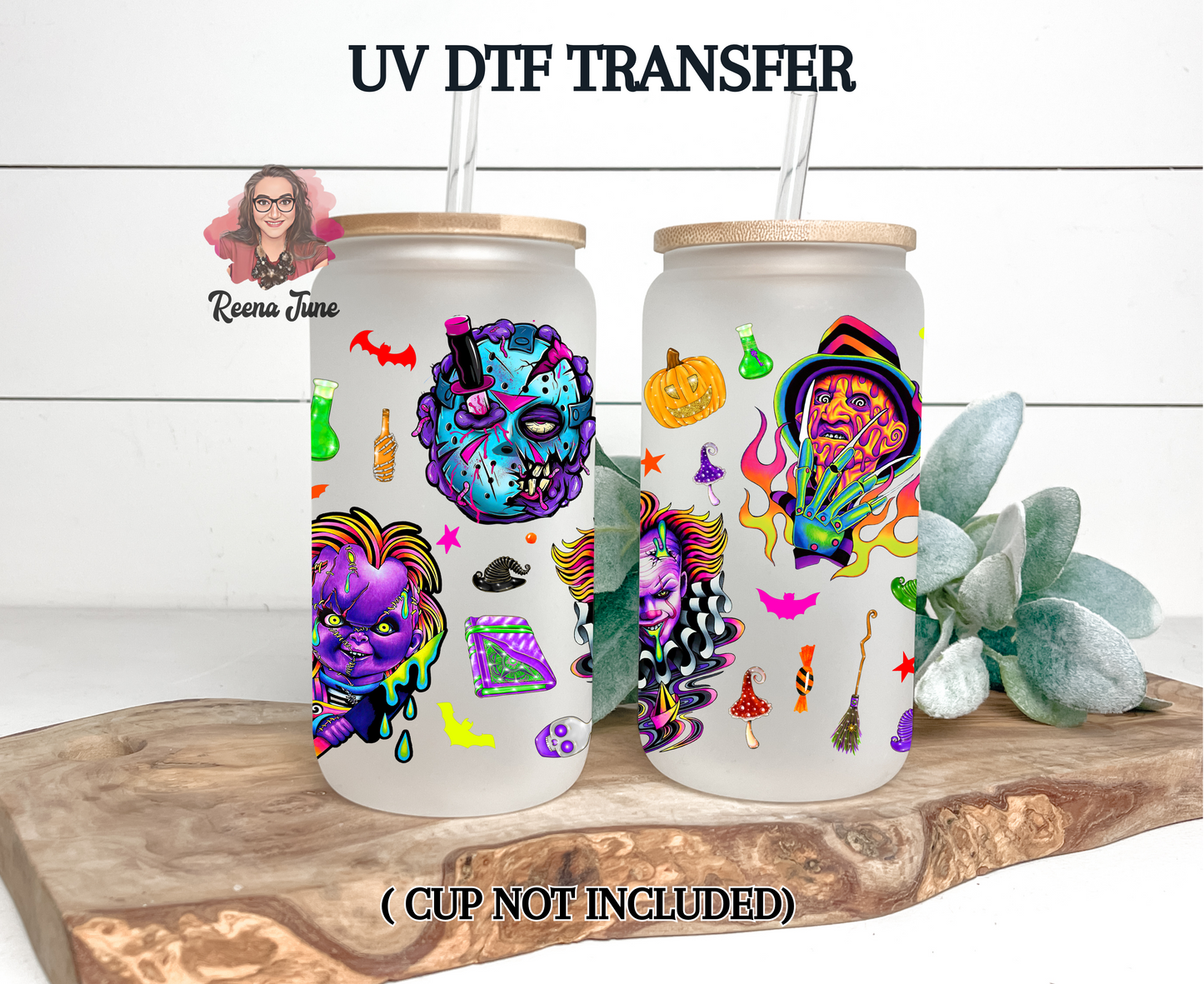 Neon Horror Movie Characters UV DTF Transfer | Spooky Glow Cup Decal | Waterproof Sticker for Tumblers & Glass Cups