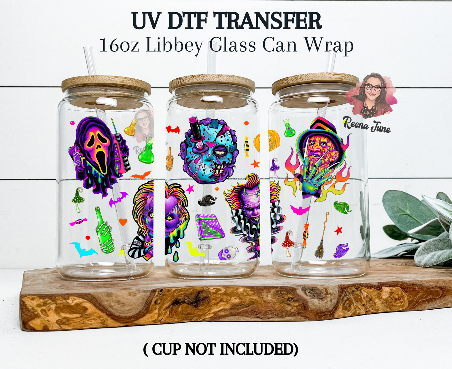 Neon Horror Movie Characters UV DTF Transfer | Spooky Glow Cup Decal | Waterproof Sticker for Tumblers & Glass Cups