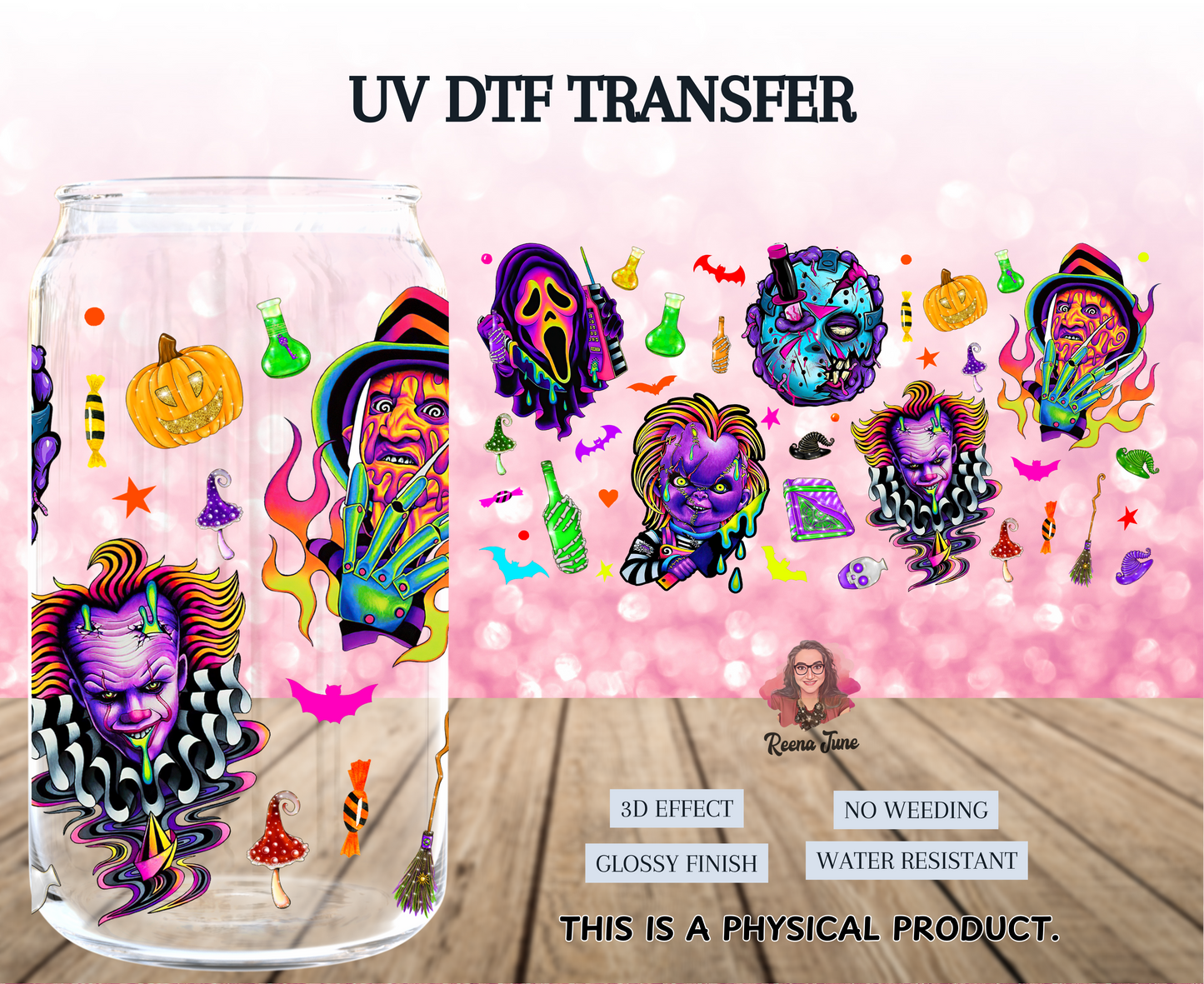 Neon Horror Movie Characters UV DTF Transfer | Spooky Glow Cup Decal | Waterproof Sticker for Tumblers & Glass Cups
