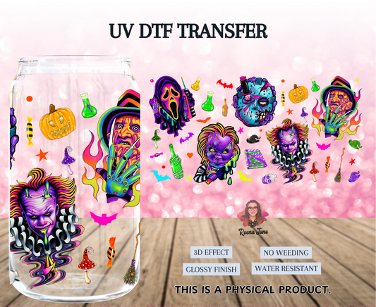 Neon Horror Movie Characters UV DTF Transfer | Spooky Glow Cup Decal | Waterproof Sticker for Tumblers & Glass Cups