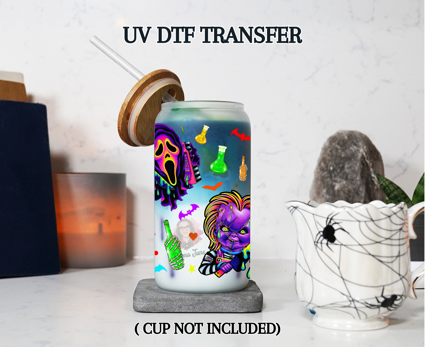 Neon Horror Movie Characters UV DTF Transfer | Spooky Glow Cup Decal | Waterproof Sticker for Tumblers & Glass Cups