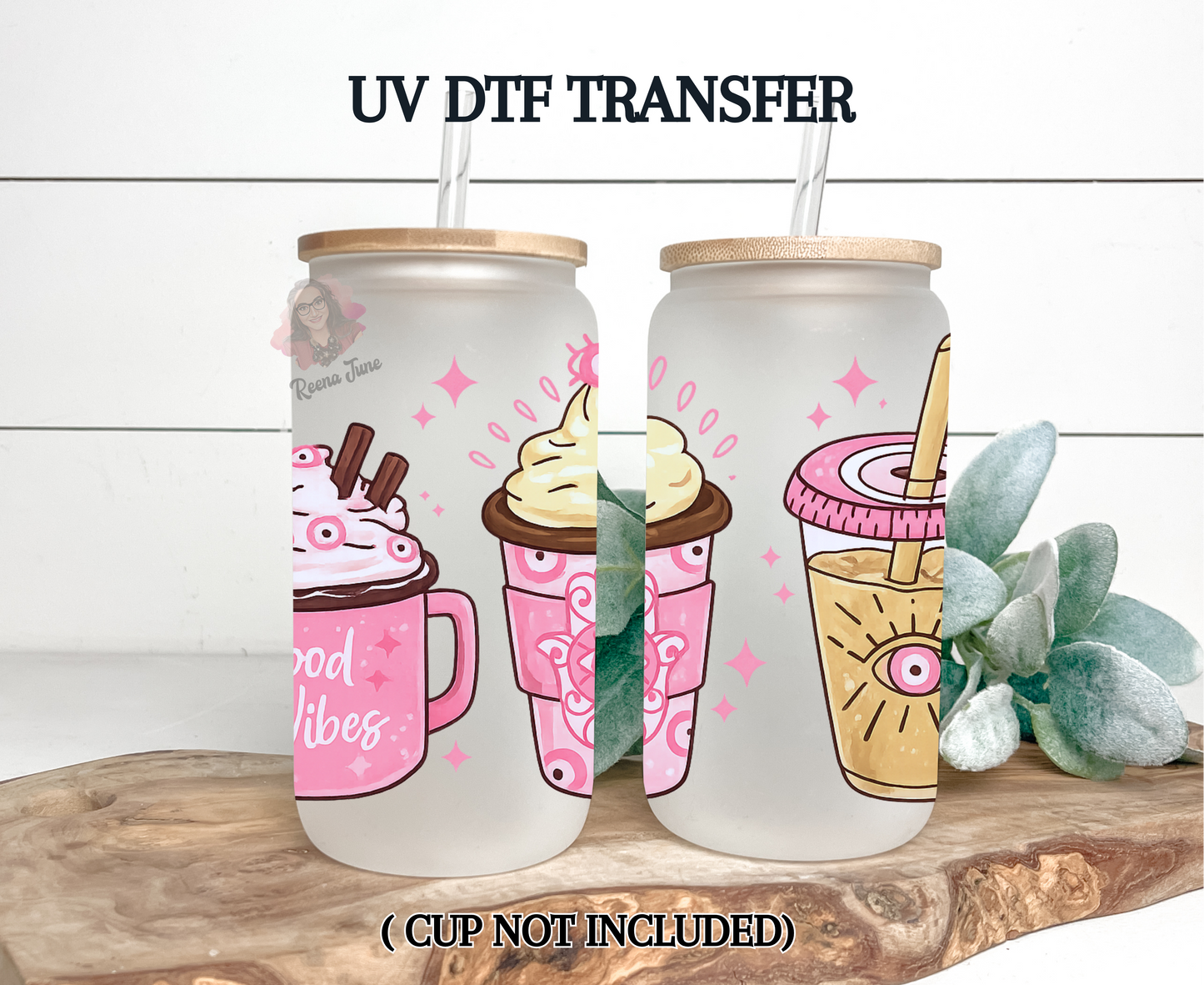 Pink Good Vibes Evil Eye UV DTF Transfer | Boho Aesthetic Cup Decal | Waterproof Sticker for Tumblers & Glass Cups