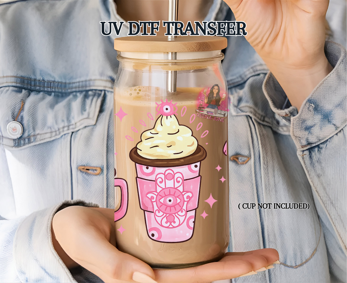 Pink Good Vibes Evil Eye UV DTF Transfer | Boho Aesthetic Cup Decal | Waterproof Sticker for Tumblers & Glass Cups