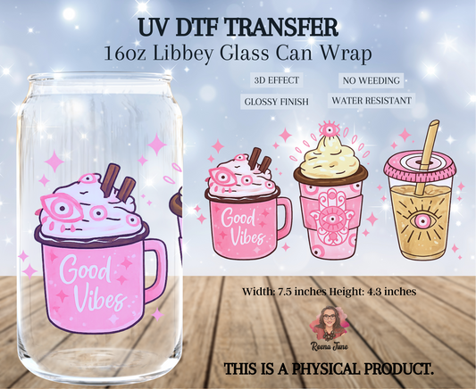Pink Good Vibes Evil Eye UV DTF Transfer | Boho Aesthetic Cup Decal | Waterproof Sticker for Tumblers & Glass Cups
