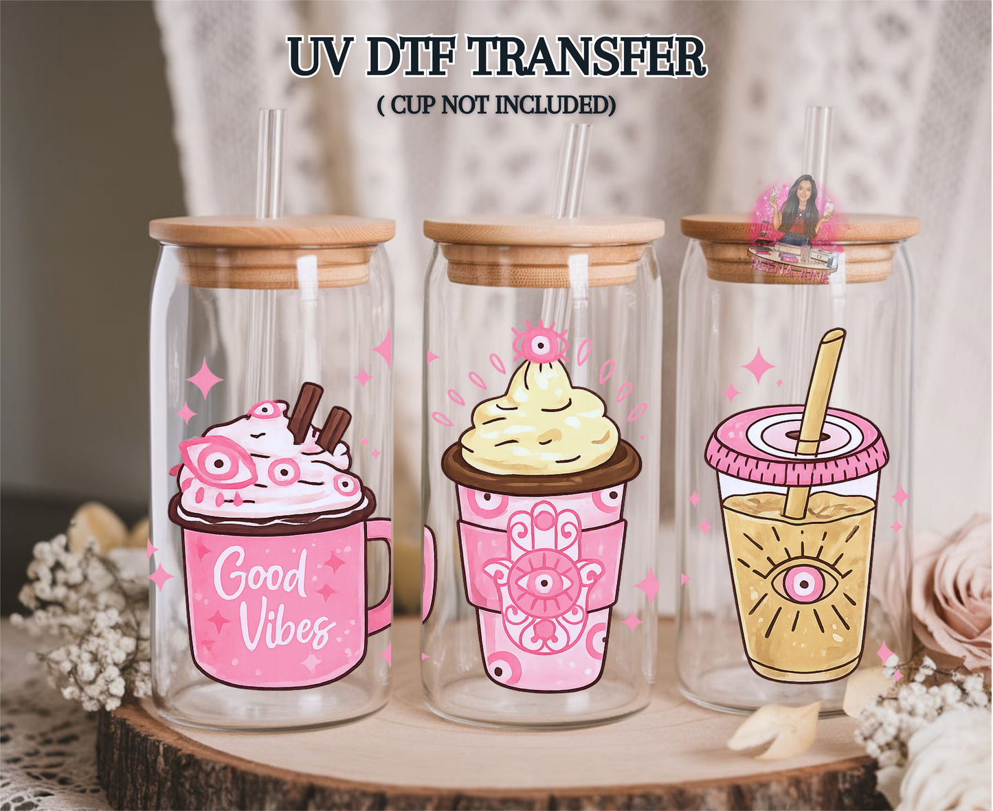 Pink Good Vibes Evil Eye UV DTF Transfer | Boho Aesthetic Cup Decal | Waterproof Sticker for Tumblers & Glass Cups