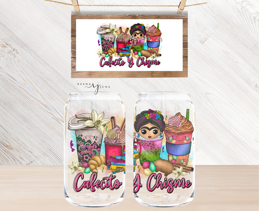 Cafecito & Chisme 16oz Libbey Glass Sublimation Print